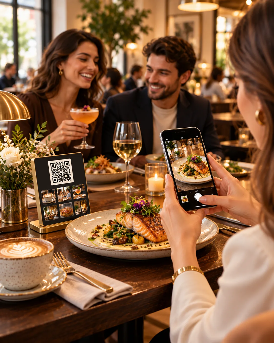 Restaurant guests gathering around a table